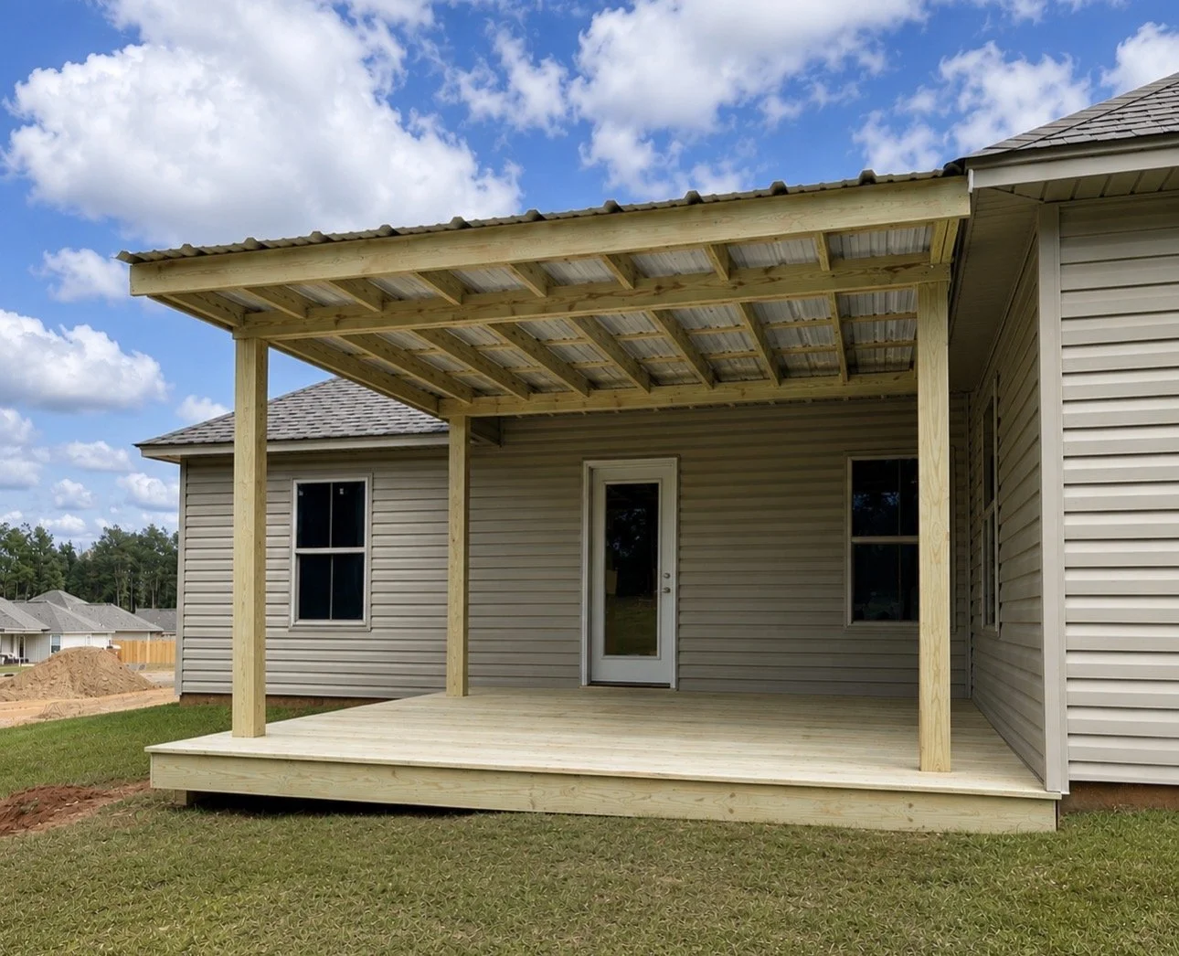 Newly built house with a wooden deck and a covered porch under construction, beige vinyl siding, two windows, and a door, with a grassy yard and partly cloudy sky in the background.