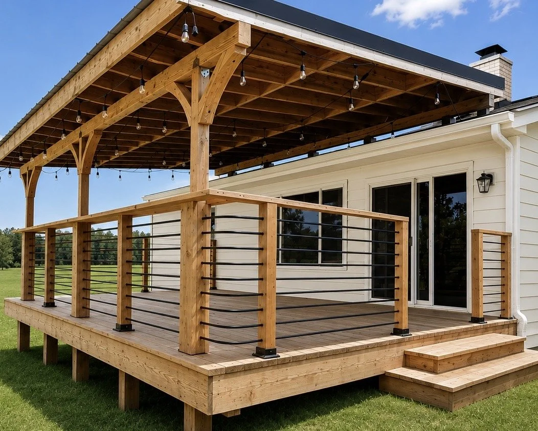 Wooden deck attached to white house with large sliding glass doors, stairs, railing, and string lights, set in a grassy yard.