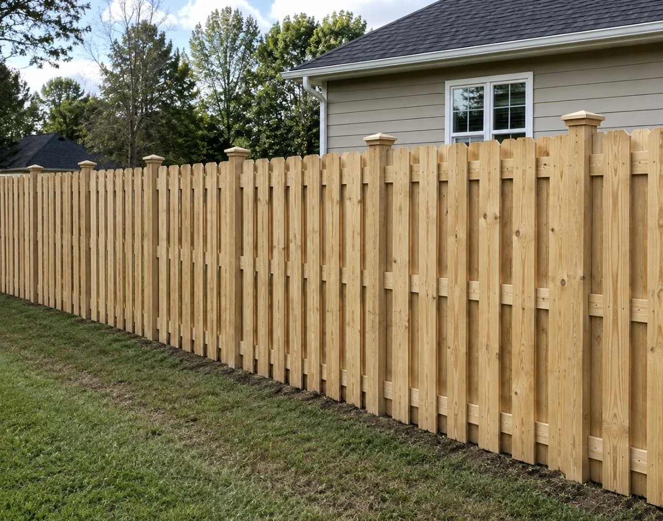 A newly installed wooden privacy fence with vertical slats runs along the yard of a house with beige siding and a white-framed window. The fence has decorative caps on each post and the grass in the yard is lush and green.
