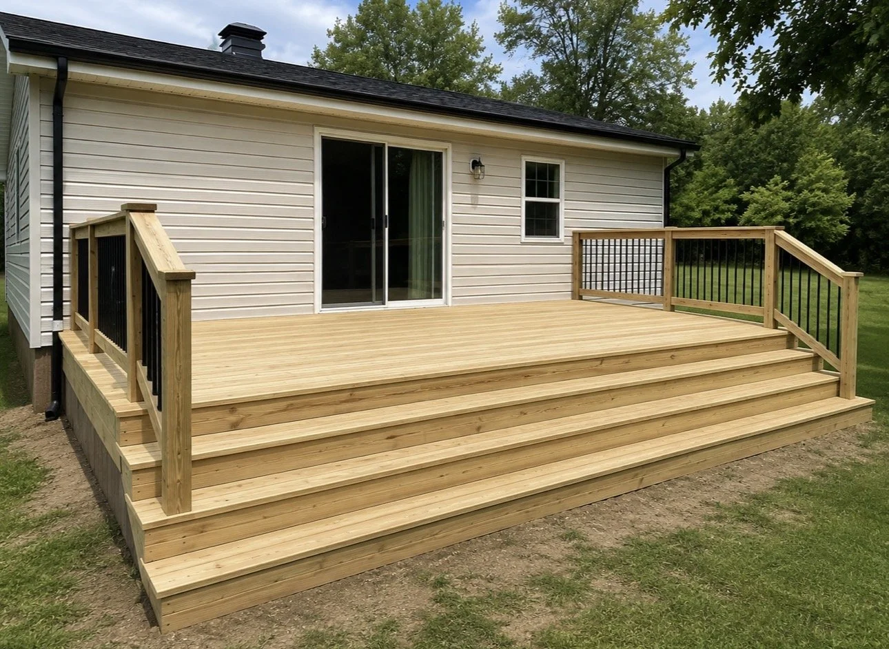 A new wooden deck with black metal railing installed outside the back of a house, accessed by sliding glass doors, with a green lawn and trees in the background.