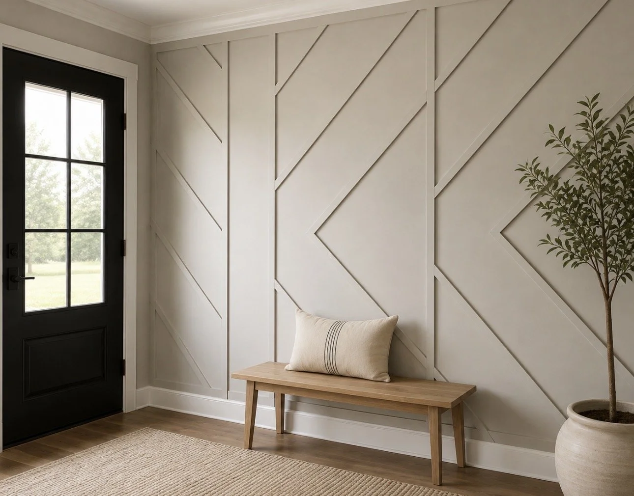 Entryway with black door, textured beige wall with diagonal wood paneling, wooden bench with a pillow, potted plant, and woven rug.