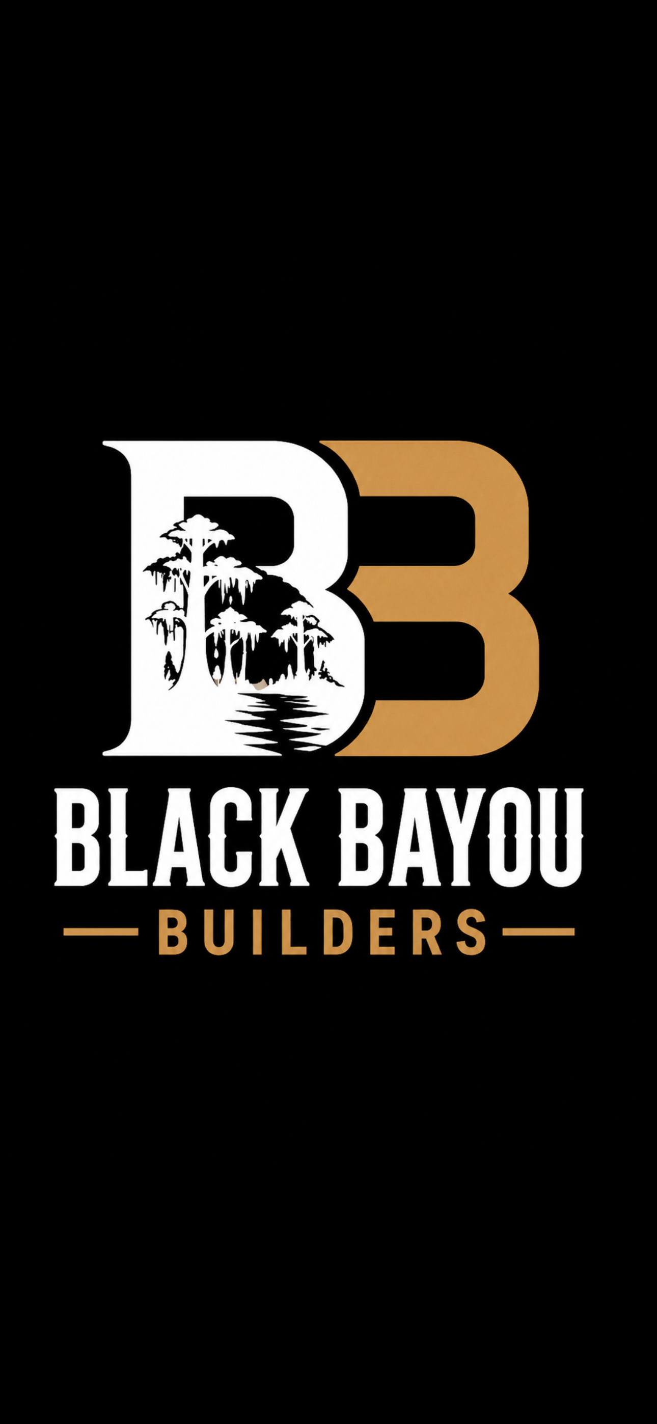 Black Bayou Builders logo with a stylized river scene and trees within the letters B3 on a black background.
