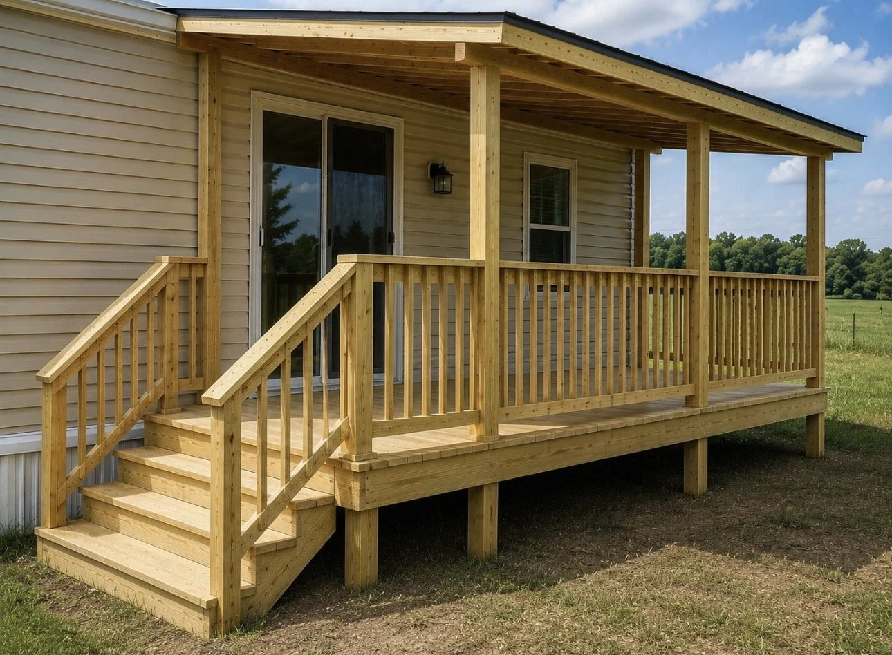 Wooden porch with stairs and railing attached to a beige house with a sliding glass door and a window, situated in a grassy field under a partly cloudy sky.