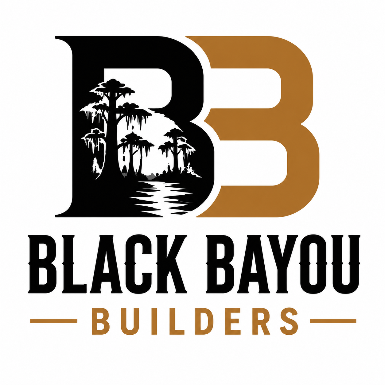Logo for Black Bayou Builders featuring a large black letter B with a swamp scene inside it and a gold letter B next to it. The text "BLACK BAYOU" is below, with "BUILDERS" beneath in gold.