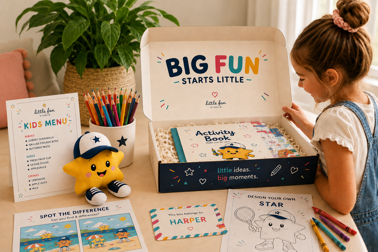Young girl exploring a custom children's activity box with games, coloring pages, stationery, and a personalized name card.