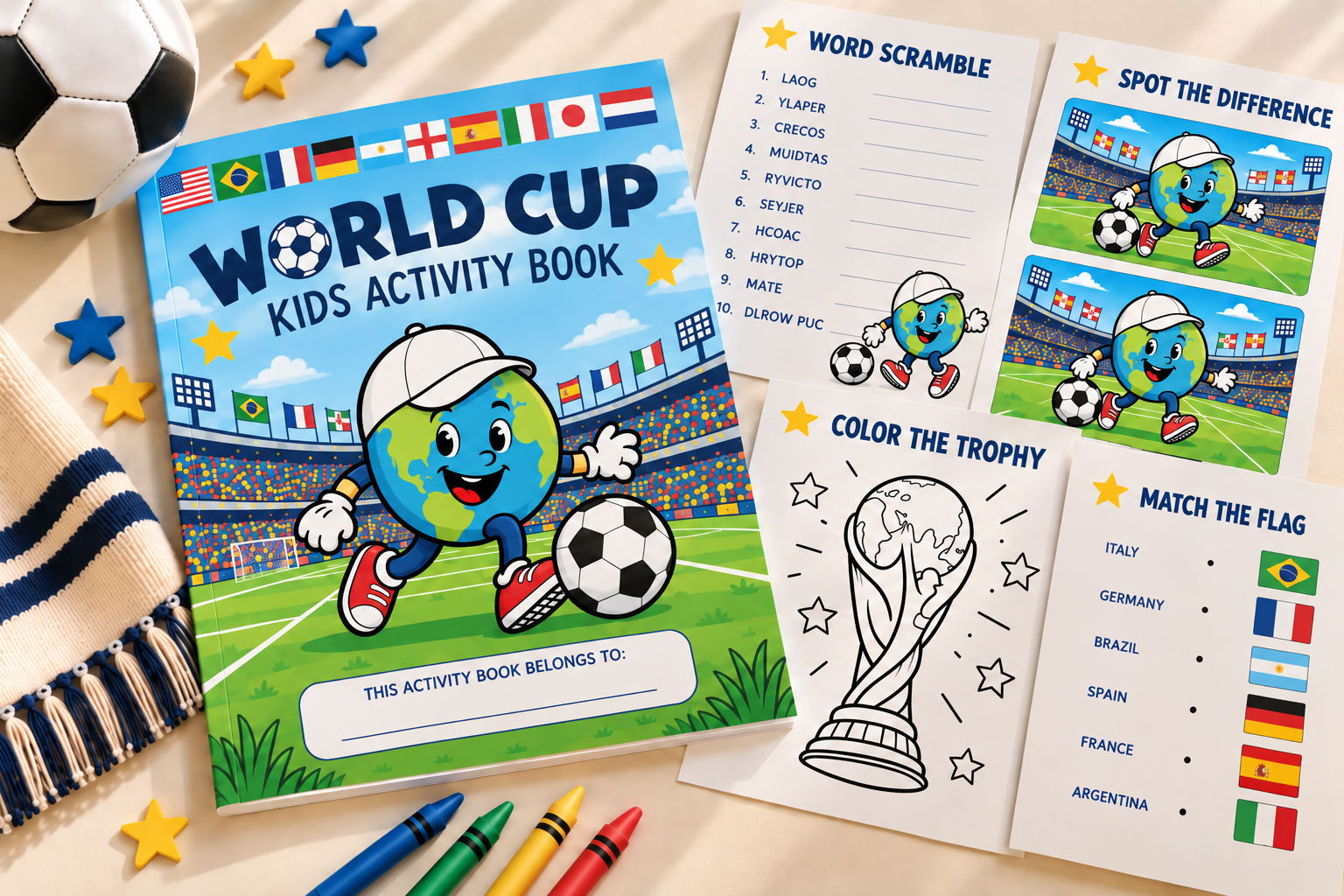 Children's soccer activity book with a cartoon mascot, coloring pages, puzzles, and international flag games.