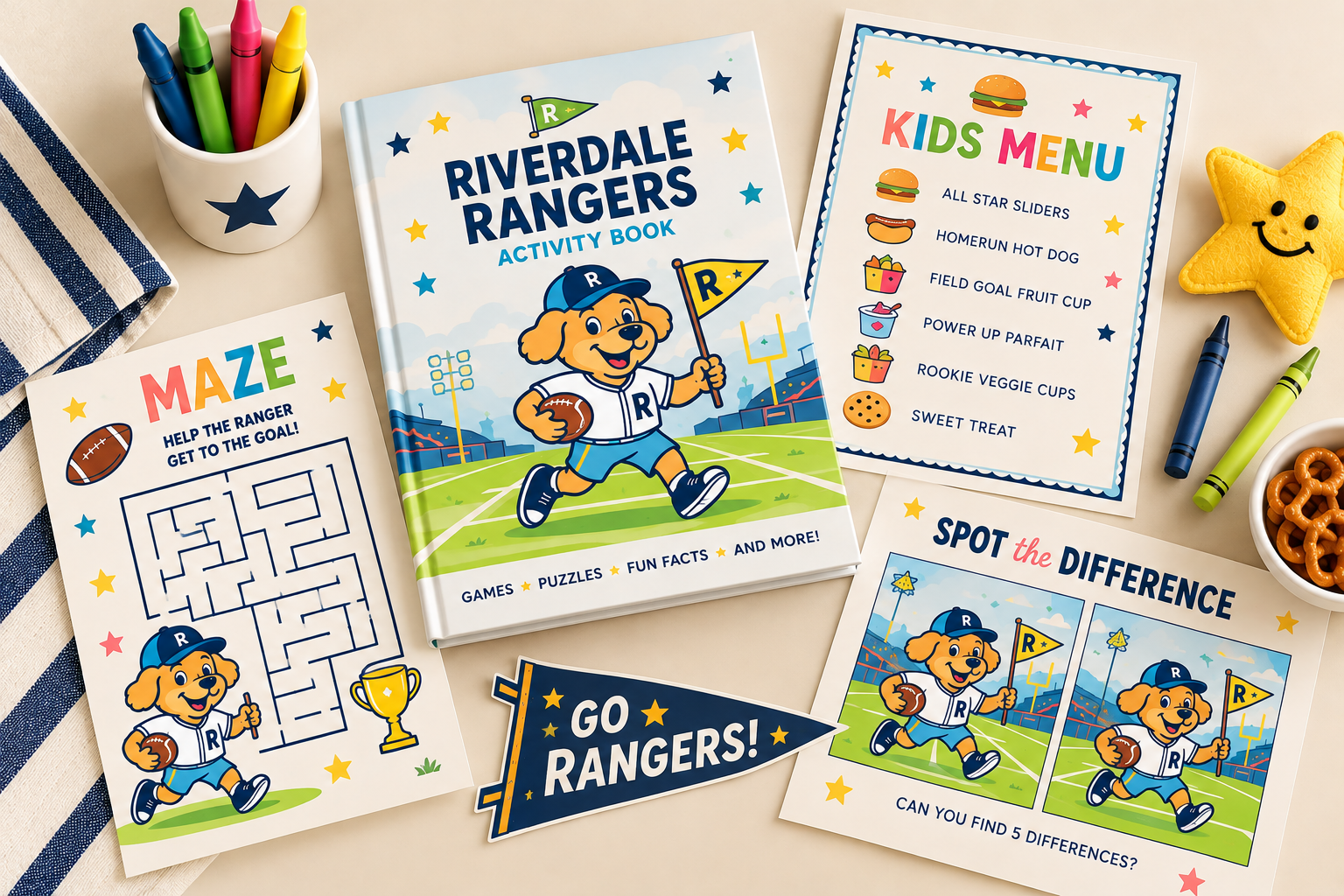 Riverdale Rangers branded activity book, maze, spot-the-difference game, and kids' menu arranged with colorful supplies.
