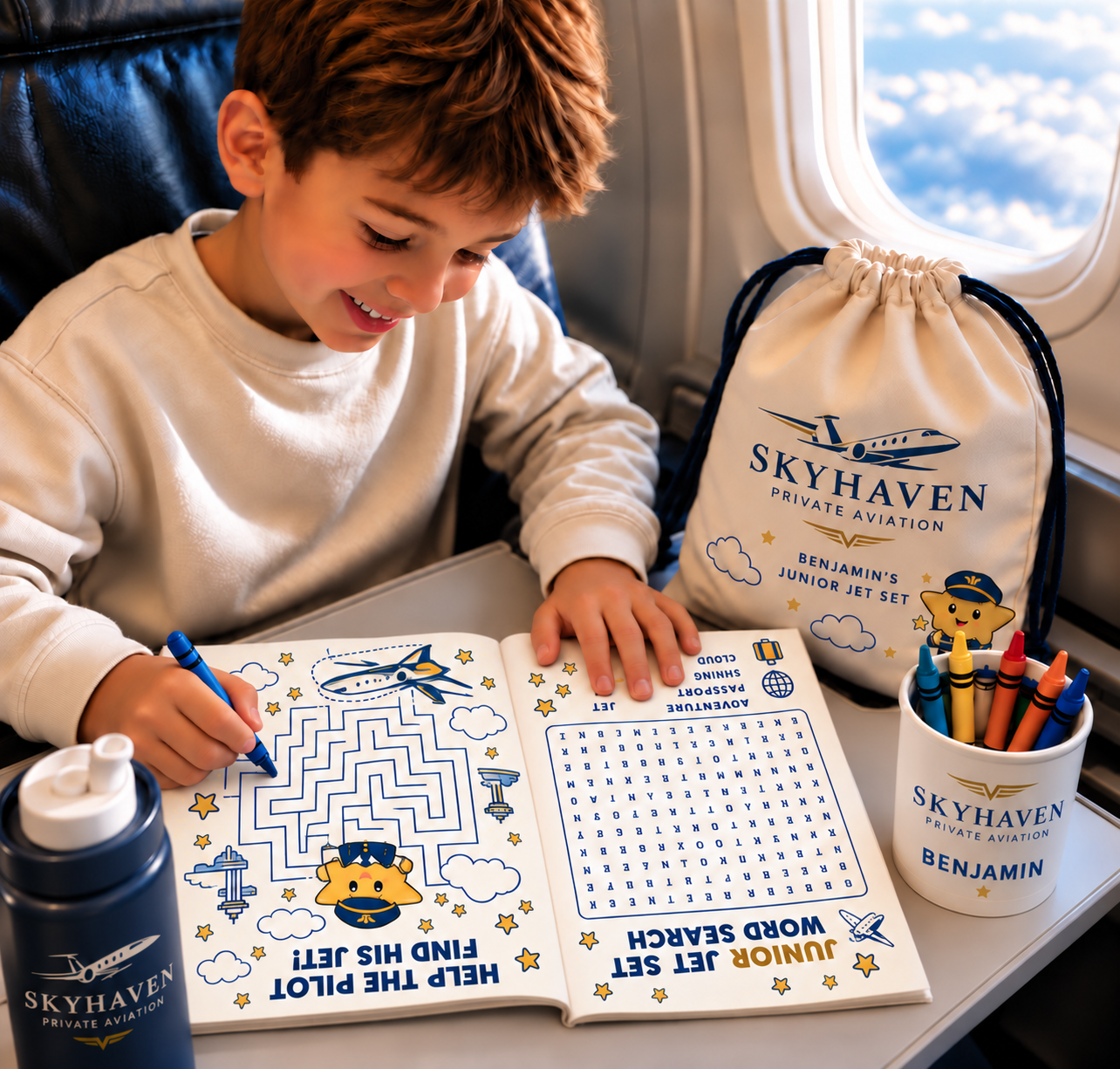 Young boy coloring a custom private aviation activity book aboard an airplane, with branded children's travel accessories.