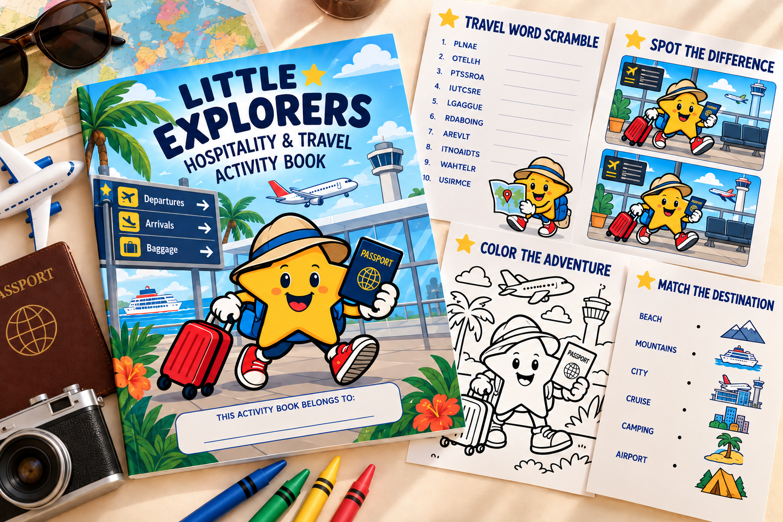 Little Explorers hospitality and travel activity book featuring coloring pages, puzzles, and destination-themed games.