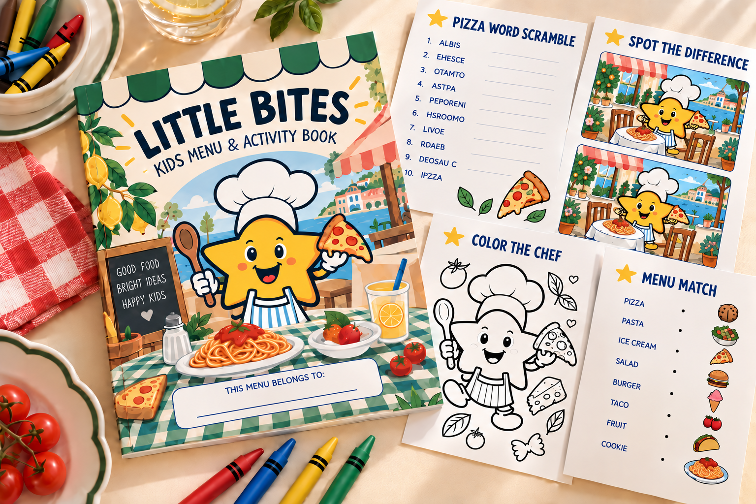 Little Bites children's activity book featuring a cheerful star chef, food-themed puzzles, and coloring activities.