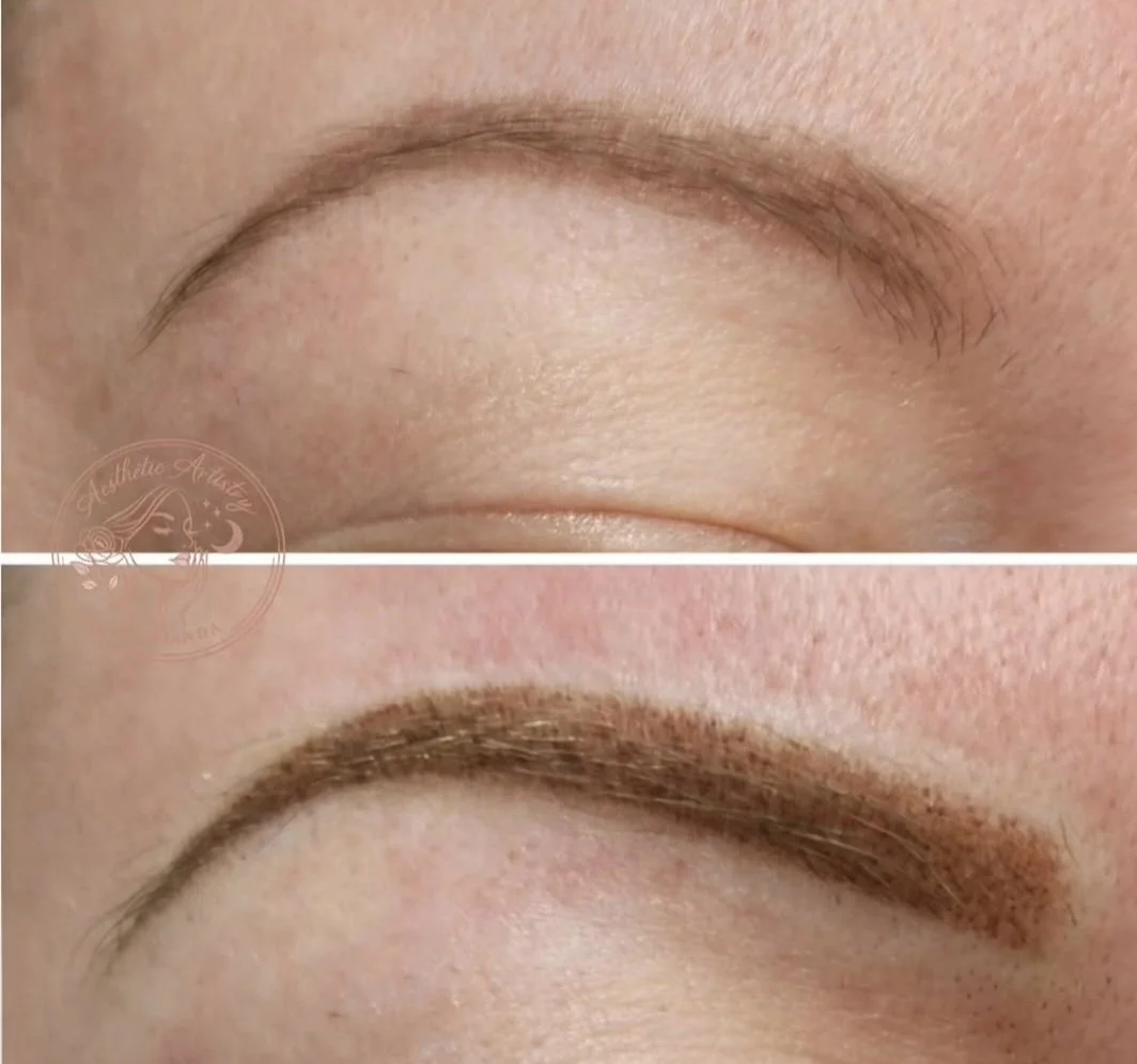 Close up comparison of Microblading before and after done by Amanda Cobleigh from Aesthetic Artistry located in South Jersey