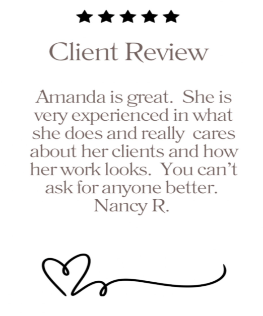 A digital image of a customer review with five stars at the top, titled 'Client Review'. The review, written by Nancy R., praises Amanda for being experienced, caring, and highly skilled in her work. The review includes a heart-shaped signature or drawing at the bottom.