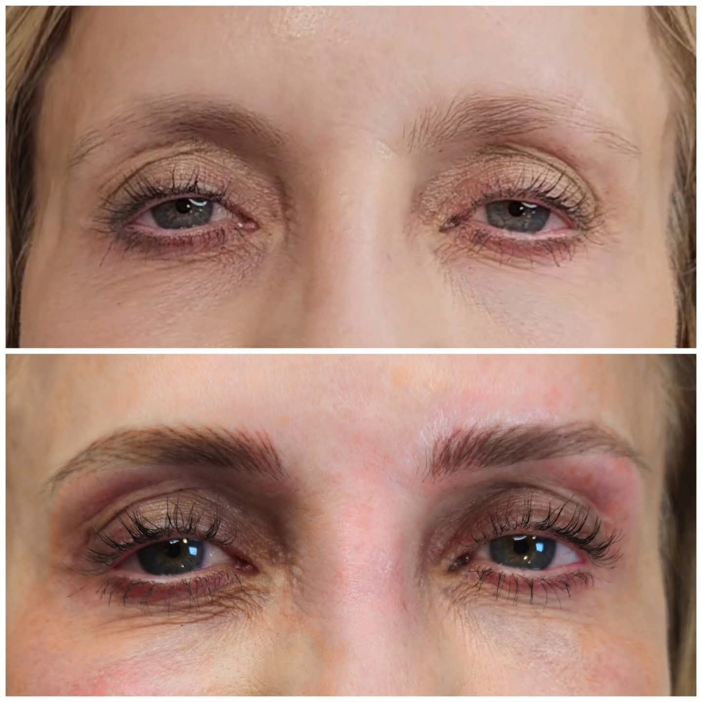Close up before and after Powder Brows  done by Amanda Cobleigh from Aesthetic Artistry located in South Jersey