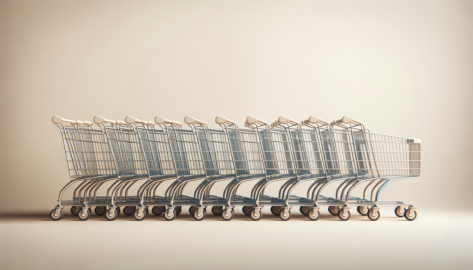 Multiple shopping carts lined up side by side on a neutral background.