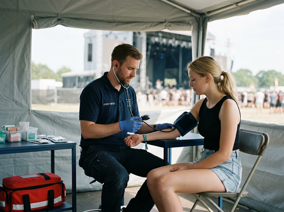 A healthcare professional checking a young woman's blood pressure at an outdoor event under a tent. The professional is wearing a navy polo shirt and gloves, and the woman is seated on a folding chair, wearing a black sleeveless top and denim shorts. There is medical equipment on a small table nearby, and a crowd is visible in the background.