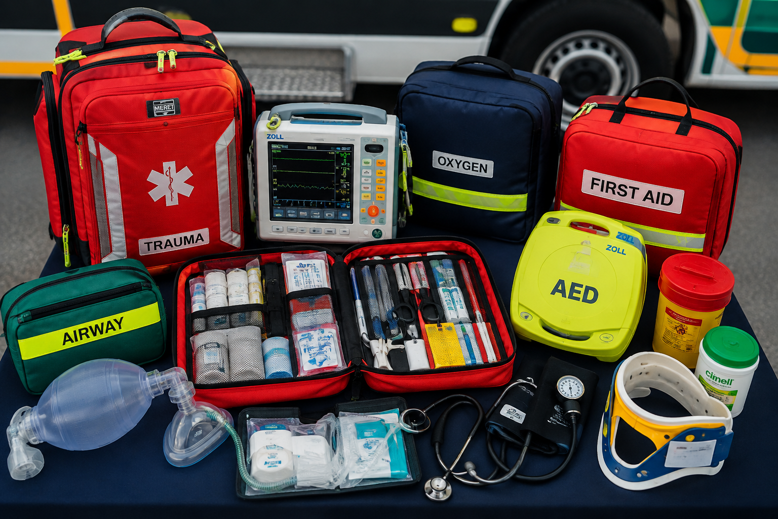 Medical emergency supplies including trauma kit, oxygen bag, first aid bag, AED defibrillator, airway bag, monitor, medication bottles, medical tools, stethoscope, blood pressure cuff, and protective gear arranged on a table.