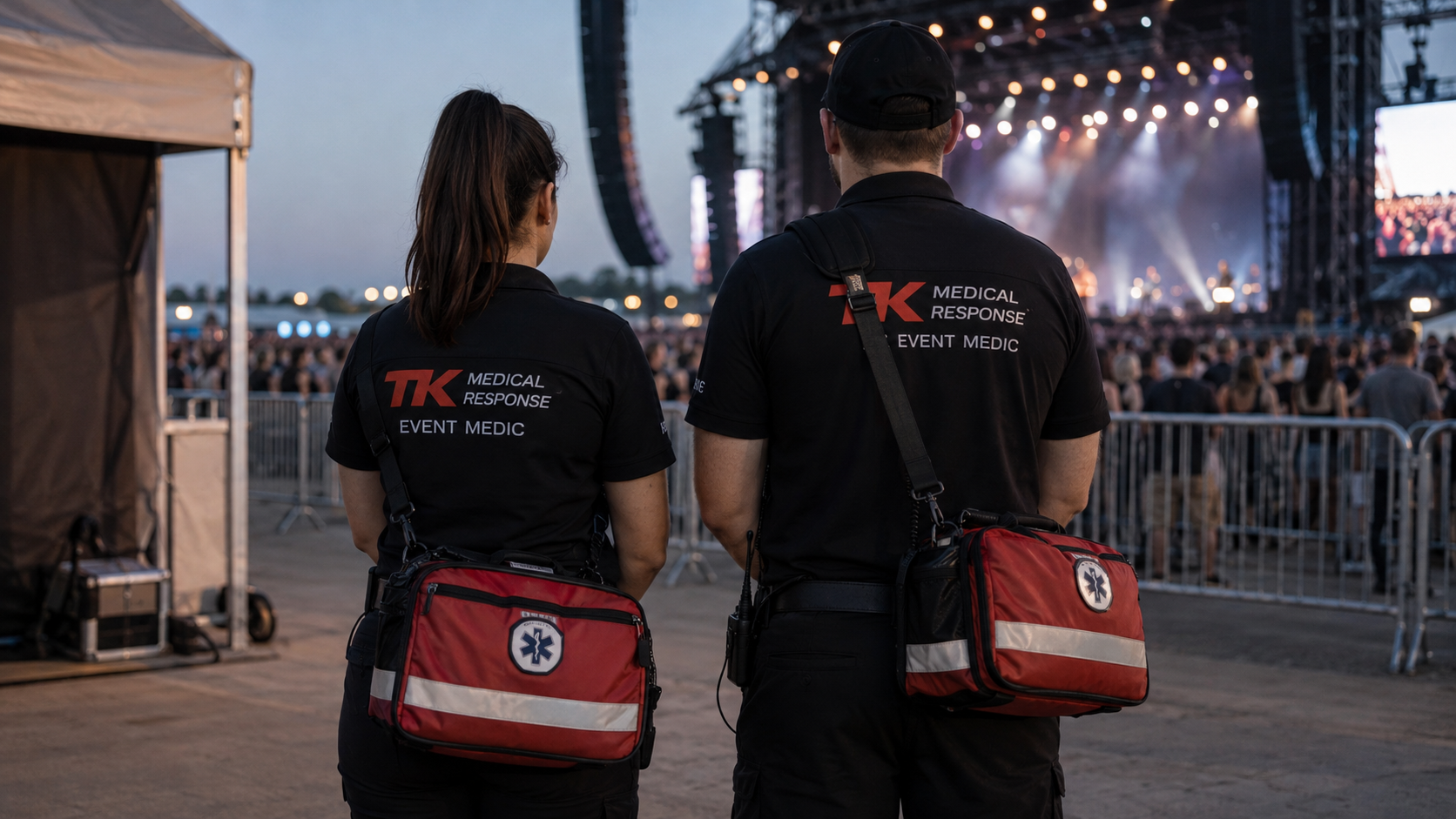 Two event medic responders watching a concert stage at dusk, both wearing black shirts with 'TK Medical Response Event Medic' logos and red medical bags, in front of a crowd at an outdoor concert.