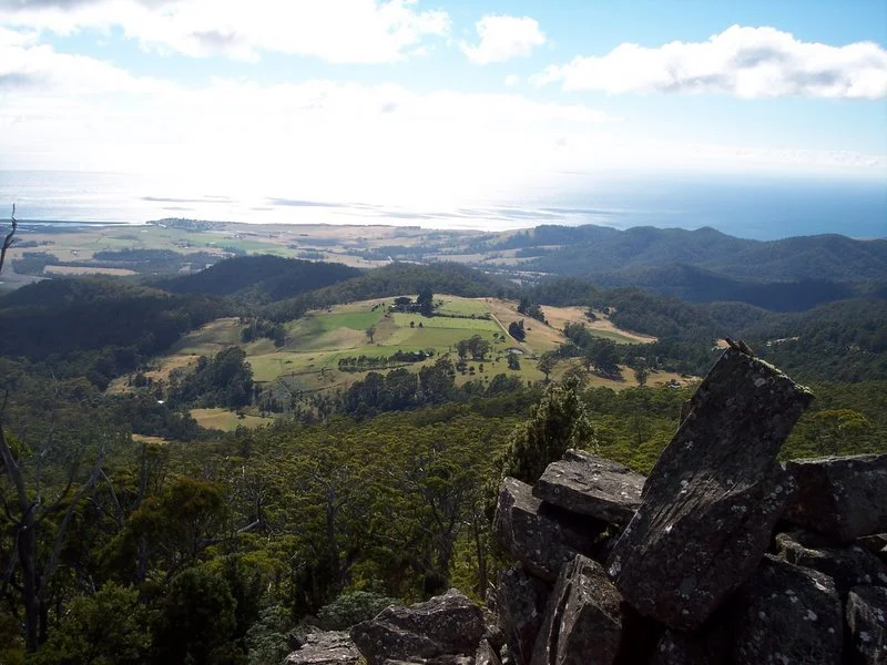 A scenic view of rolling hills with green fields, trees, and a distant coastline under a partly cloudy sky.