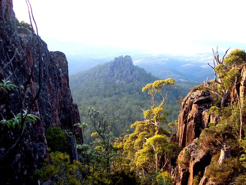 View of a mountain landscape with rocky cliffs on either side and forested hills in the distance.