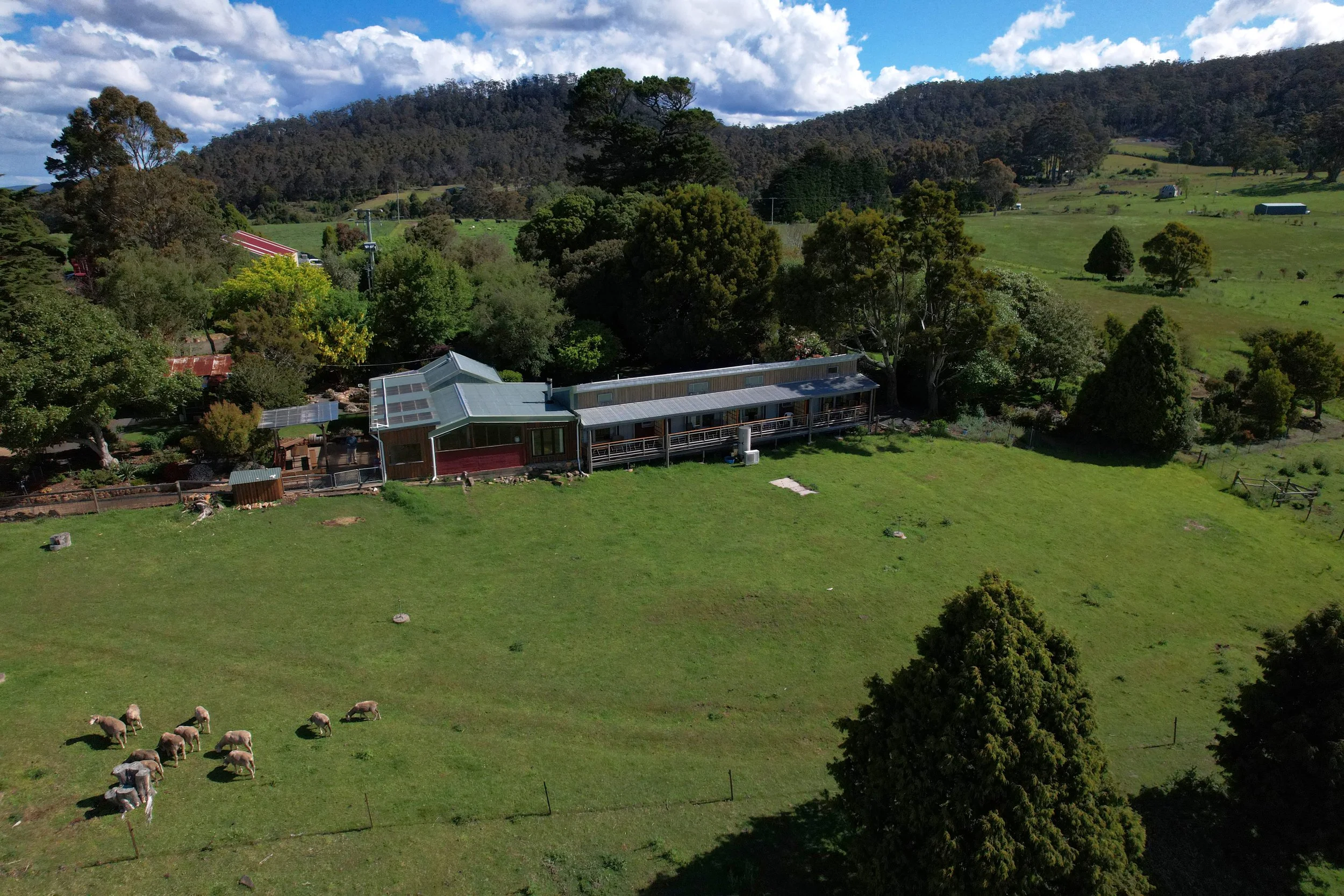 A scenic view of a rural landscape with green fields, trees, scattered houses, and hills under a partly cloudy sky. Sheep are grazing in a pasture in the foreground.