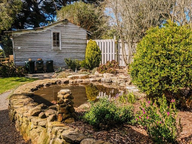 Garden pond surrounded by rocks, with bushes and a shed in the background.