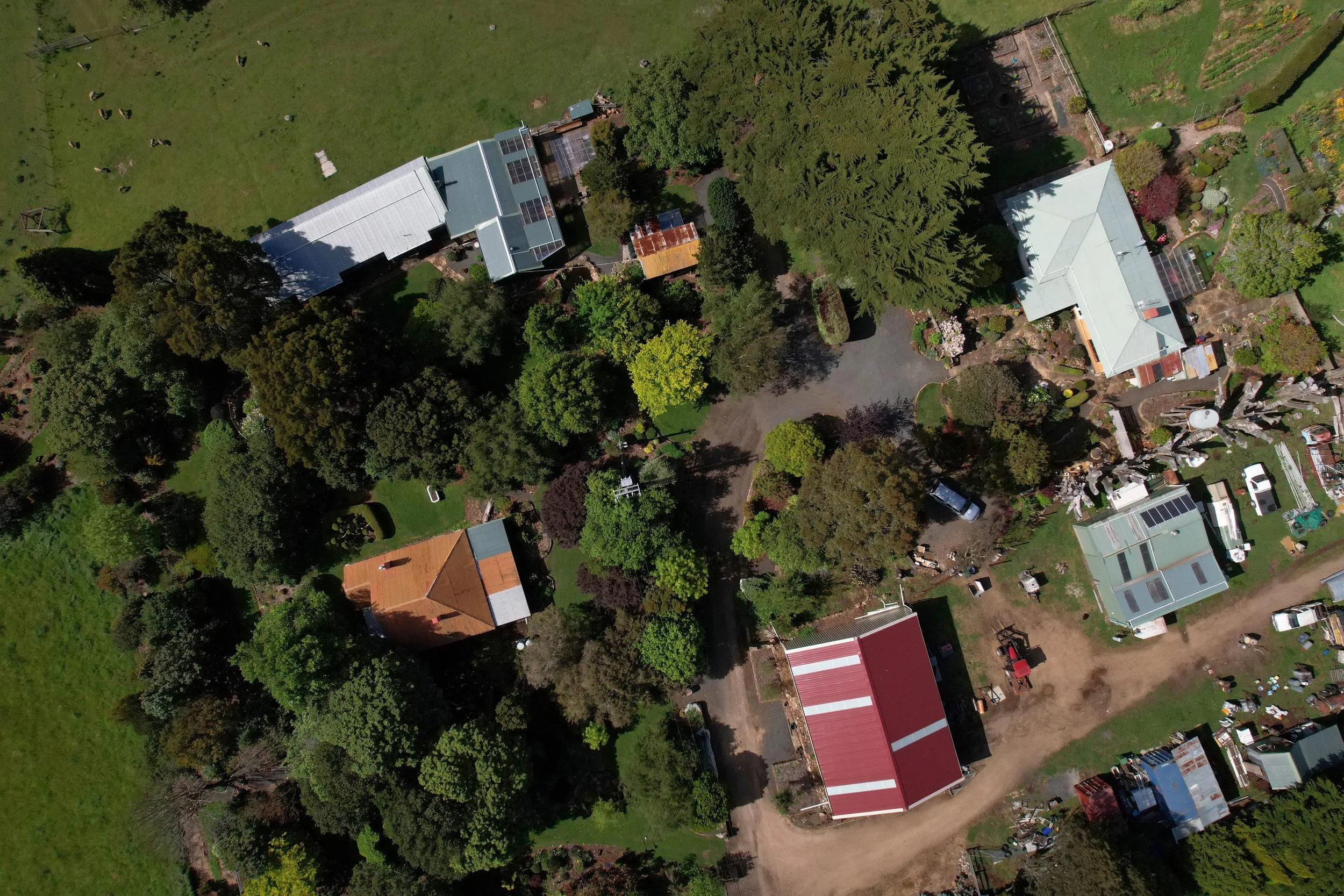 Aerial view of a residential backyard with trees, gardens, buildings, and parked cars.