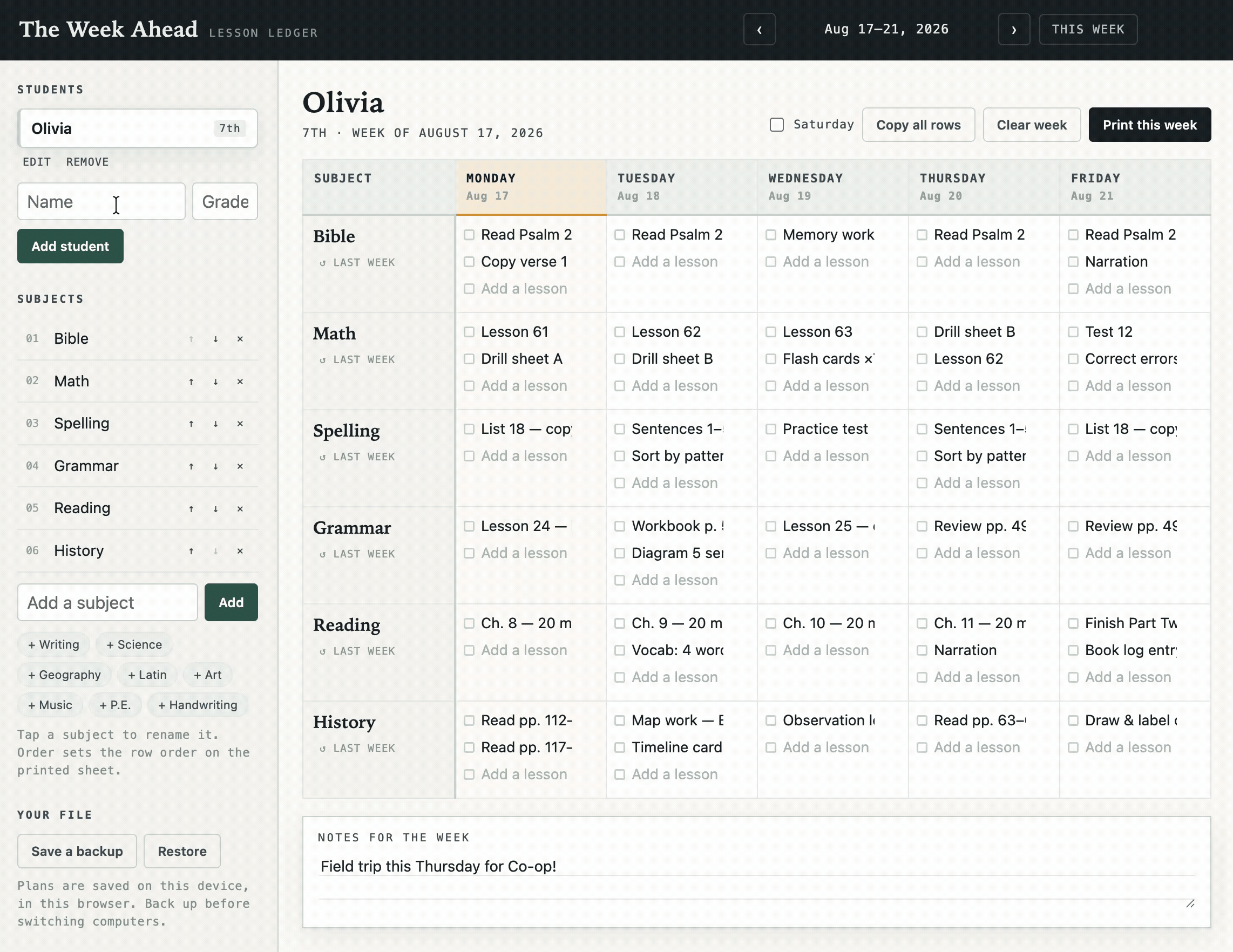 A digital weekly lesson planner showing assignments for a student named Olivia for the week of August 17-21, 2026. The planner includes subjects such as Bible, Math, Spelling, Grammar, Reading, and History, with specific tasks listed for each day.