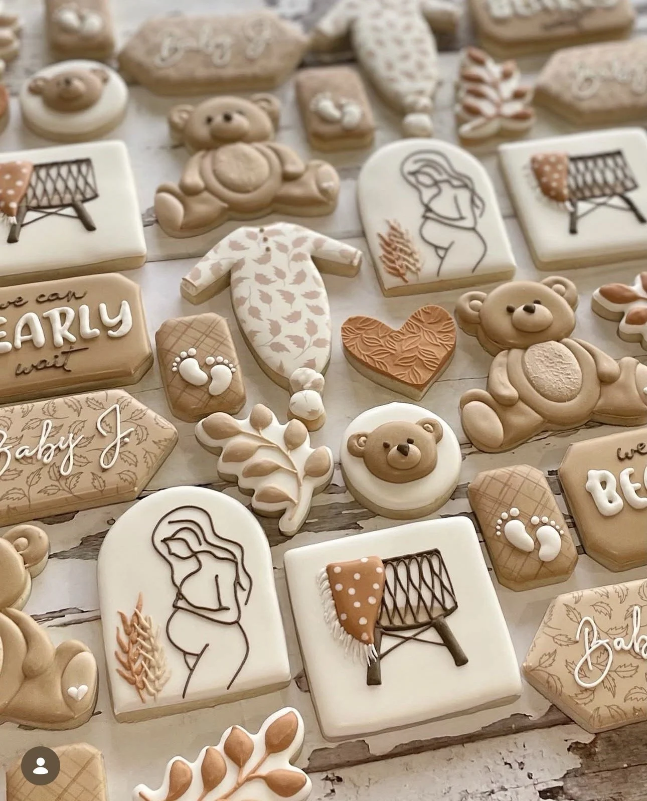 Assortment of neutral-toned decorated baby shower cookies featuring teddy bears, baby onesies, sleeping pregnant women, baby feet, hearts, foliage, and nursery-themed designs