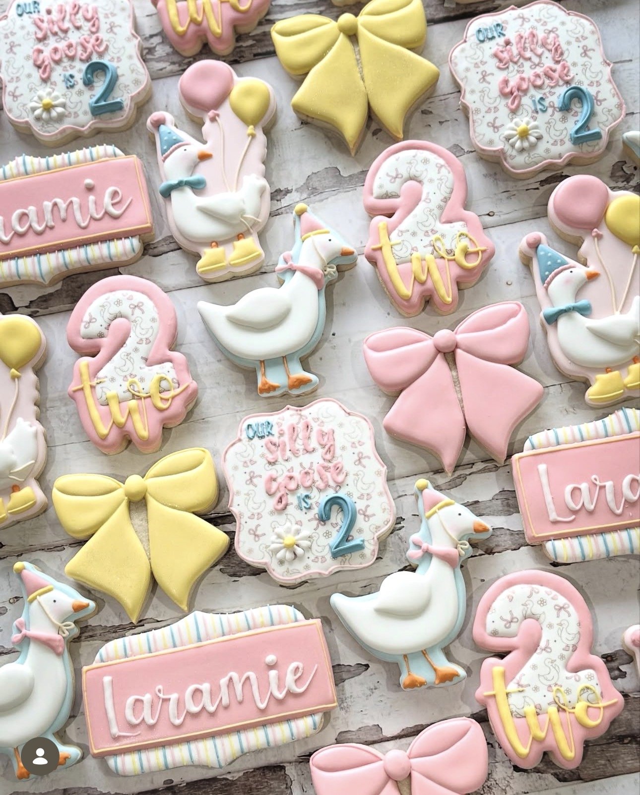 Decorated pastel baby shower cookies featuring storks, bows, number twos, and plaques reading “Laramie” and “Our Little Goose.”
