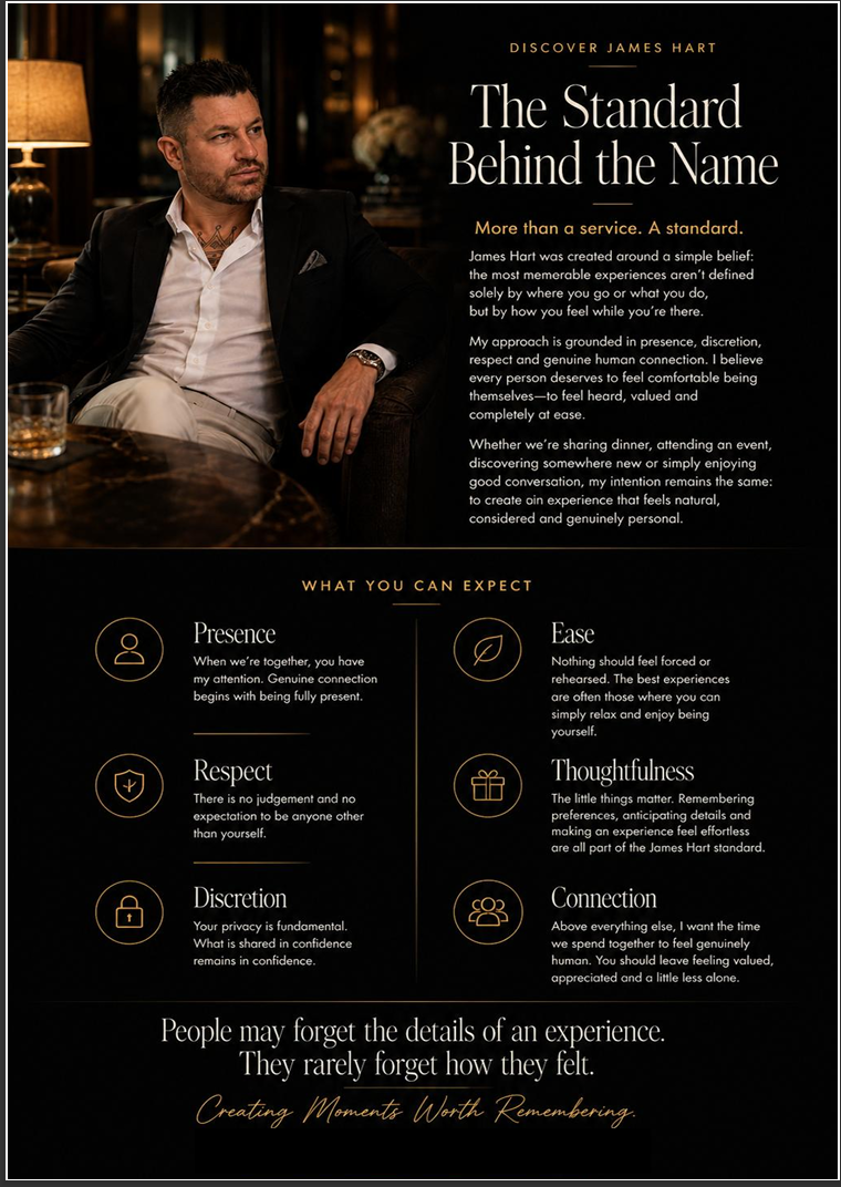 James Hart private companion brand introduction highlighting discretion, presence, respect, ease, thoughtfulness and connection.
