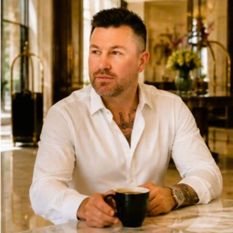 James Hart seated with coffee in an elegant Melbourne setting, reflecting the discreet and refined style of his private concierge service.