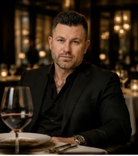 James Hart, Melbourne private companion seated at a formal dinner setting.