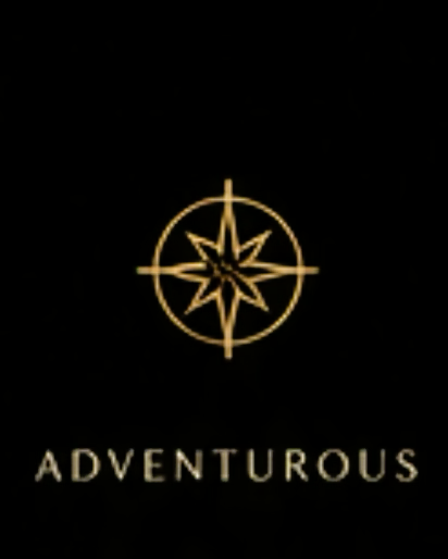 A black background with a gold compass rose in the center and the word 'ADVENTUROUS' written below.