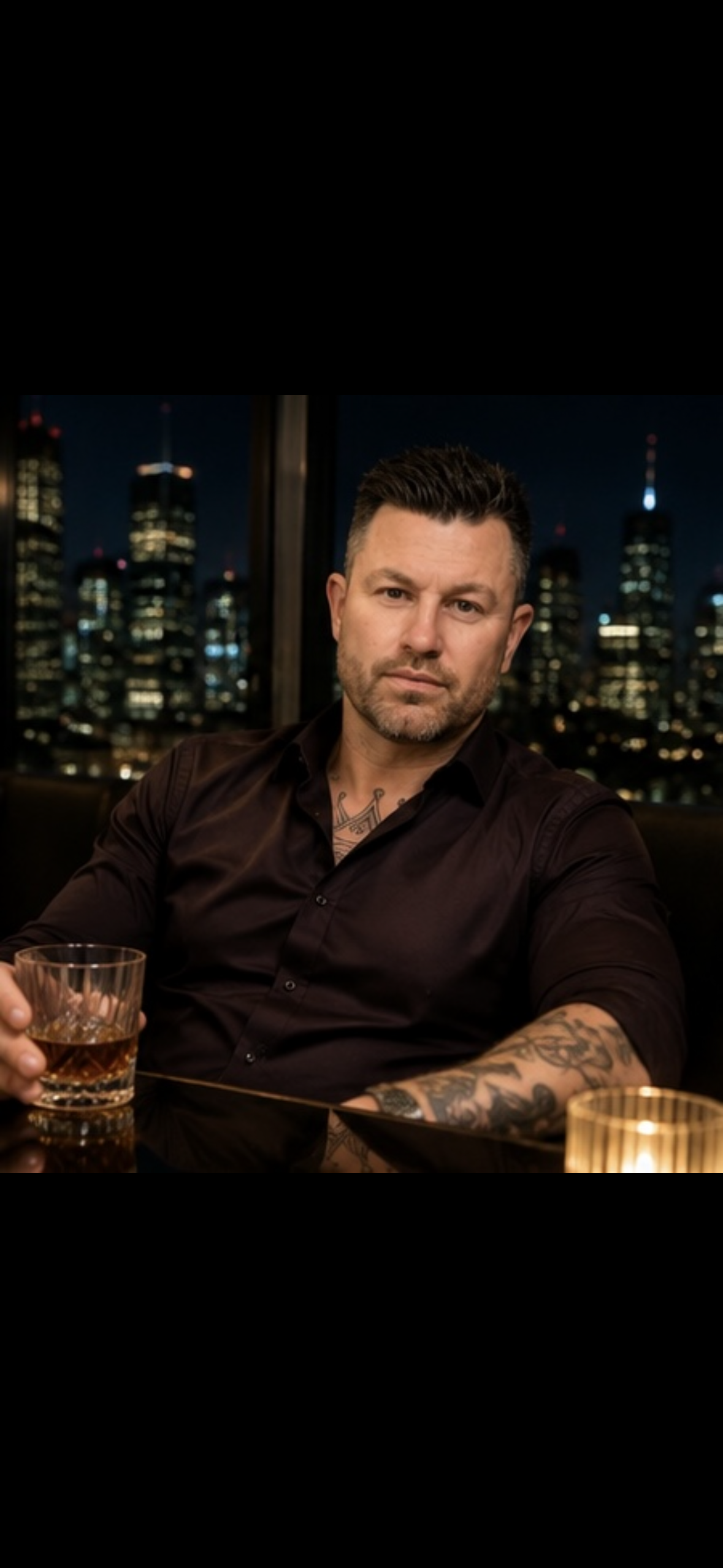 James Hart, Melbourne private companion in a relaxed evening setting with city lights.