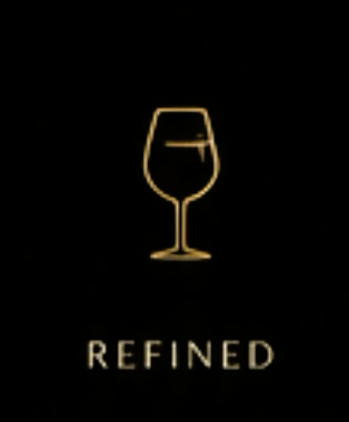 A minimalist logo of a wine glass outlined in gold with the word "REFINED" below it.