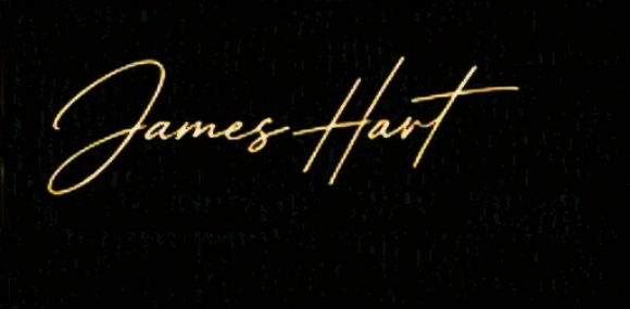Gold cursive text that reads 'James Hart' on a black background.