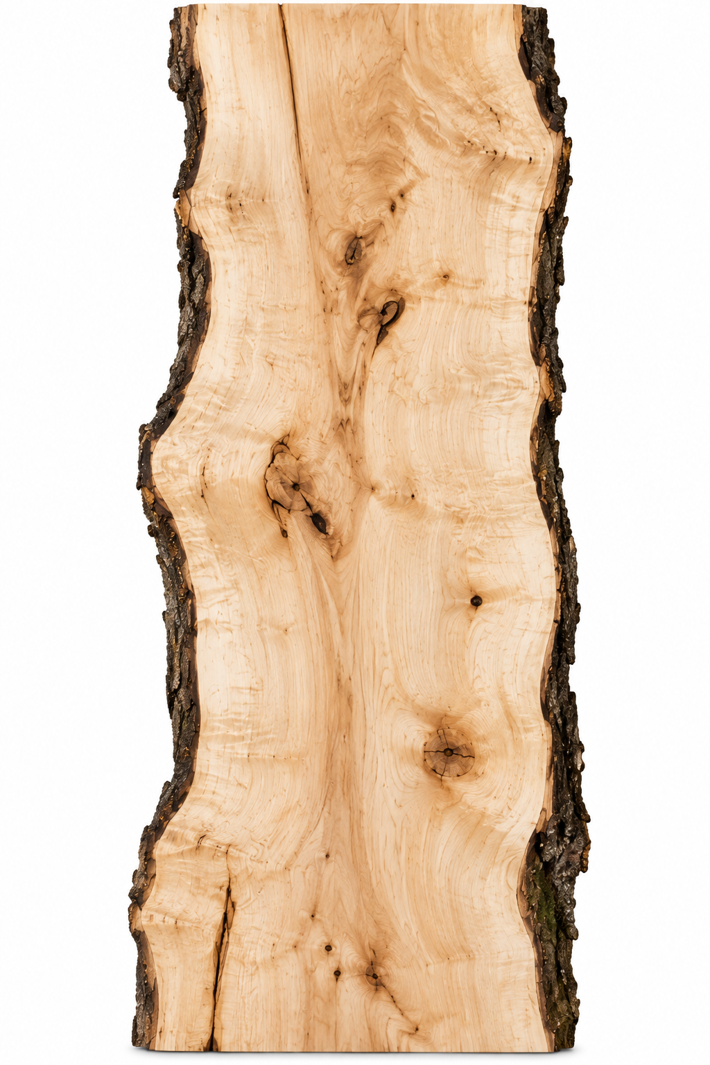 A close-up of a slice of a live-edge wood slab showing natural wood grain, knots, and bark edges.
