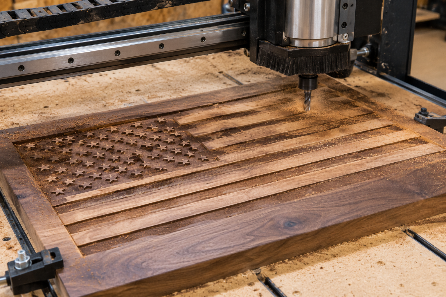 A CNC machine cutting an American flag pattern with stars and stripes into a piece of wood.