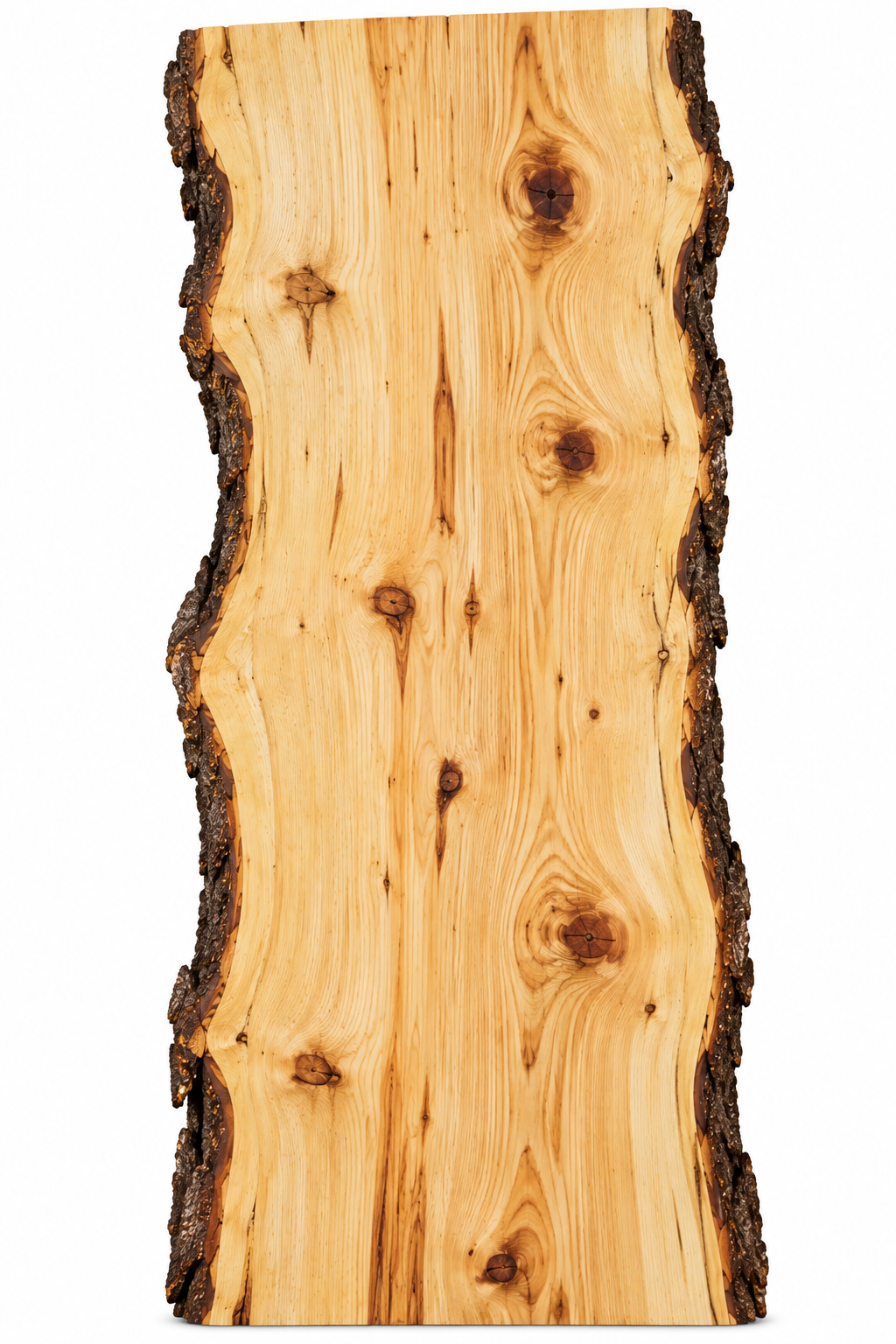 A vertically oriented wooden slab with natural edges and visible wood grain, knots, and bark along the sides.