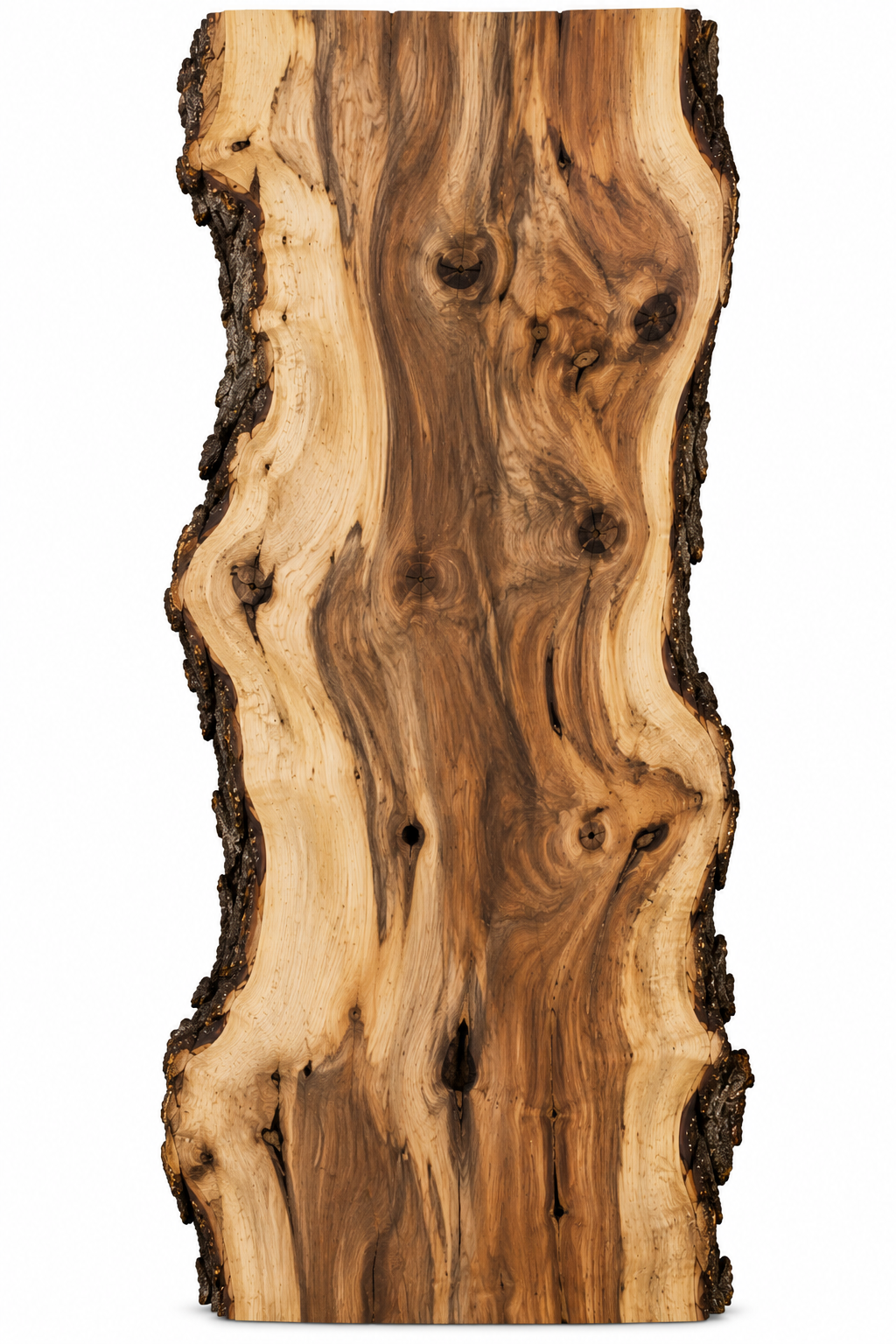 A piece of natural wood with a rough bark edge on both sides and smooth, polished surface with visible wood grain and knots.