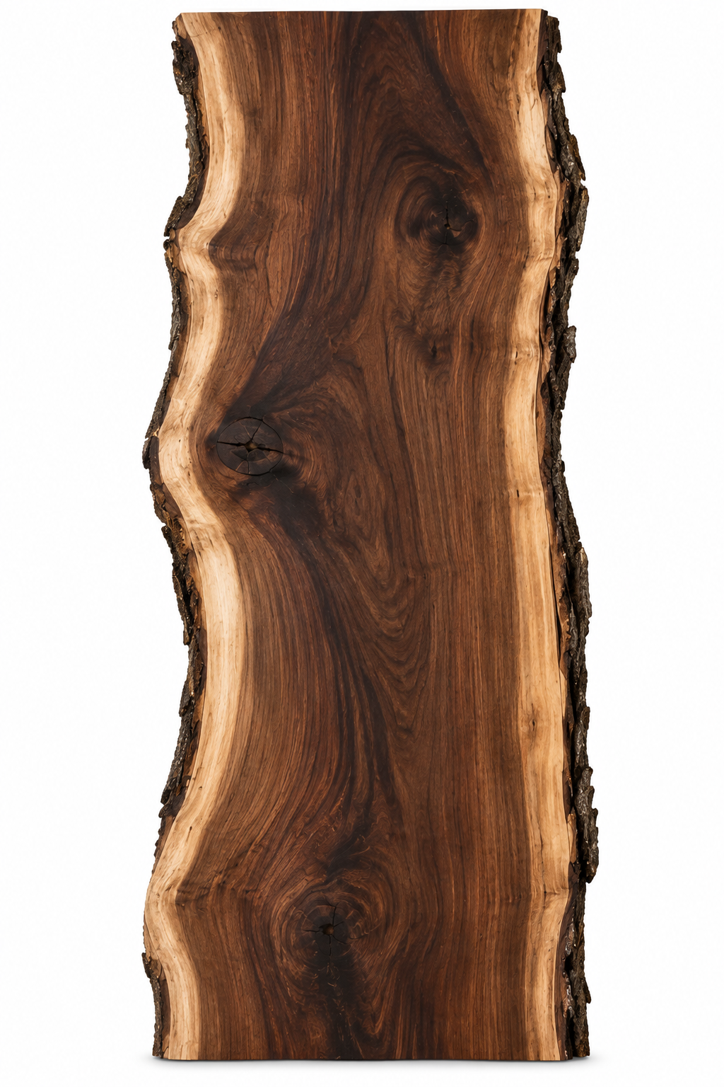 A large, polished wooden slab with natural edges and visible wood grain patterns.