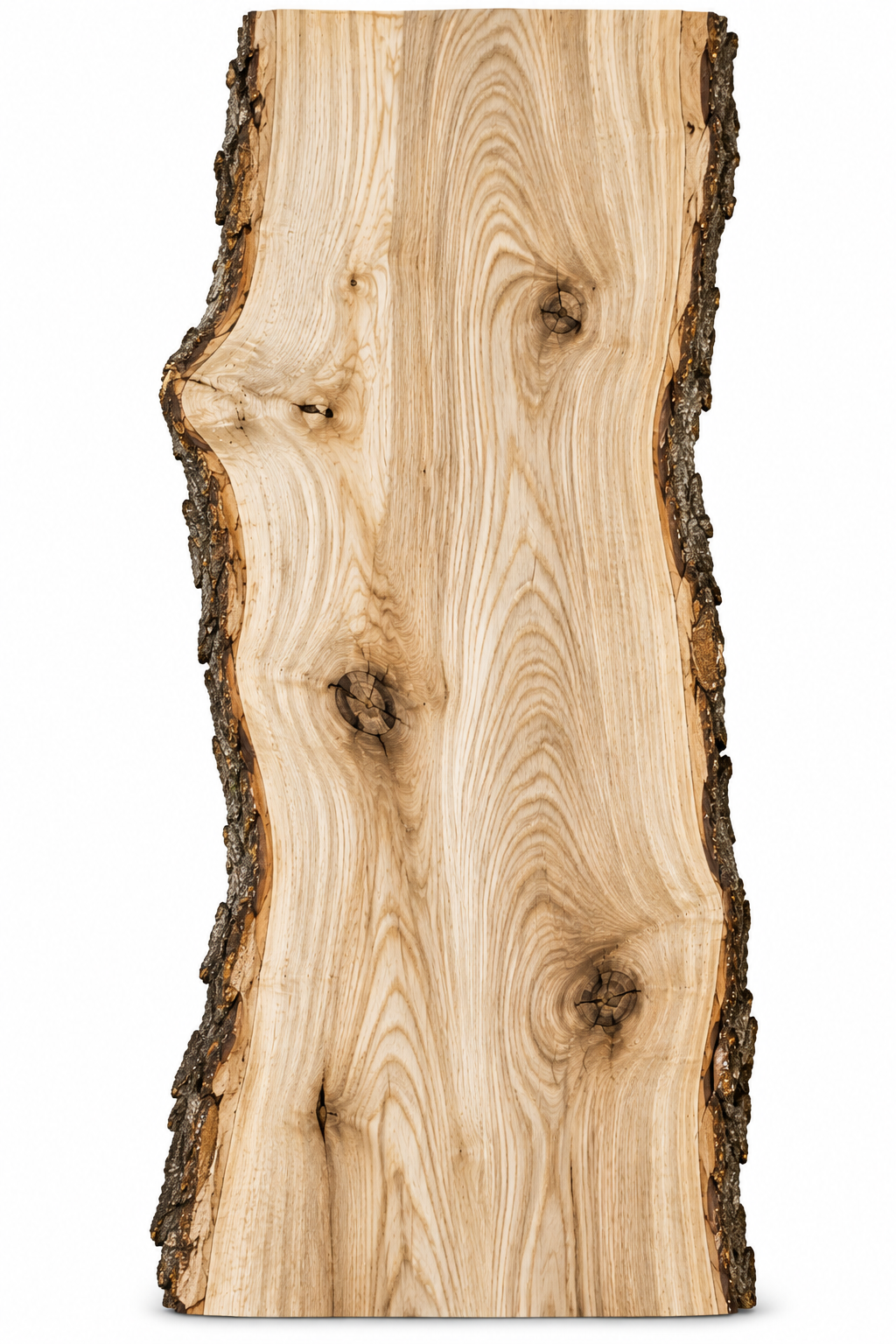 A large, flat piece of natural wood with bark along the edges and visible wood grain, knots, and cracks.