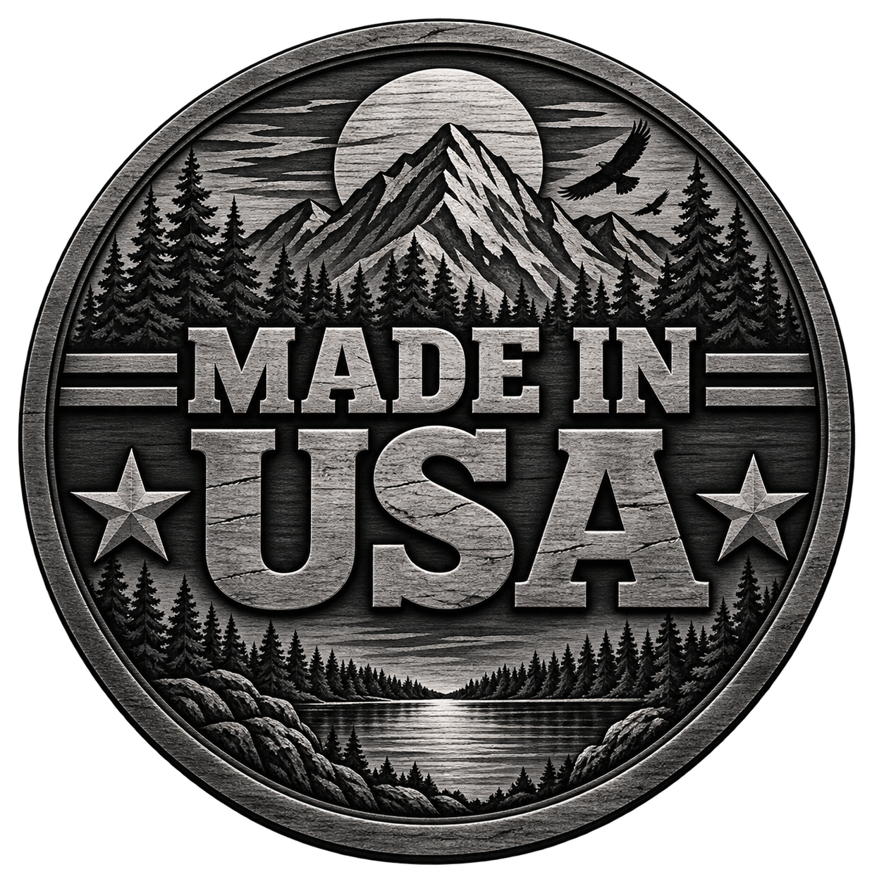 A circular badge with a wood texture background, depicting a mountain landscape with pine trees, a river, and flying eagles, and featuring the text 'Made in USA' in bold letters.