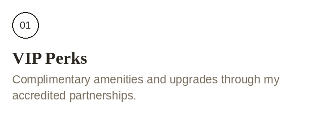 Text highlighting VIP Perks with complimentary amenities and upgrades through partner programs.