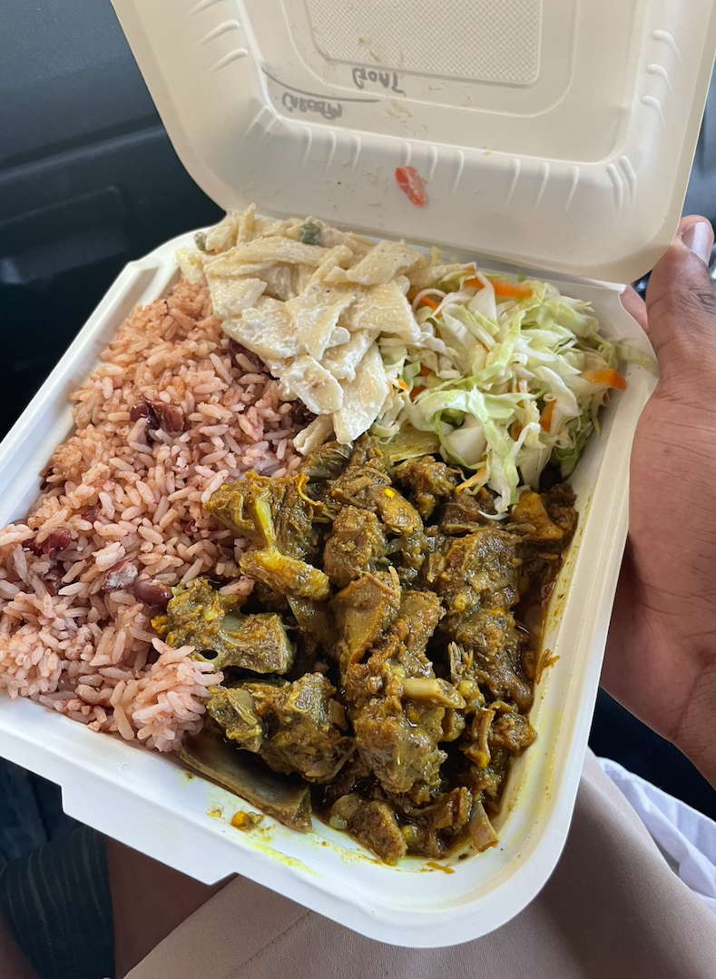 A meal in a takeout container with rice, stewed meat, salad, and pasta