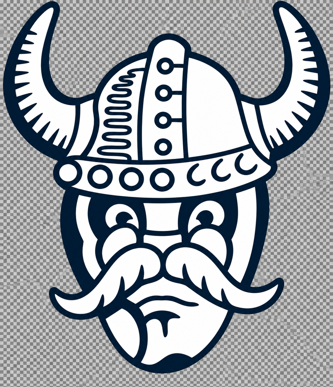 Stylized illustration of a Viking warrior with a horned helmet, long mustache, beard, and a serious expression.