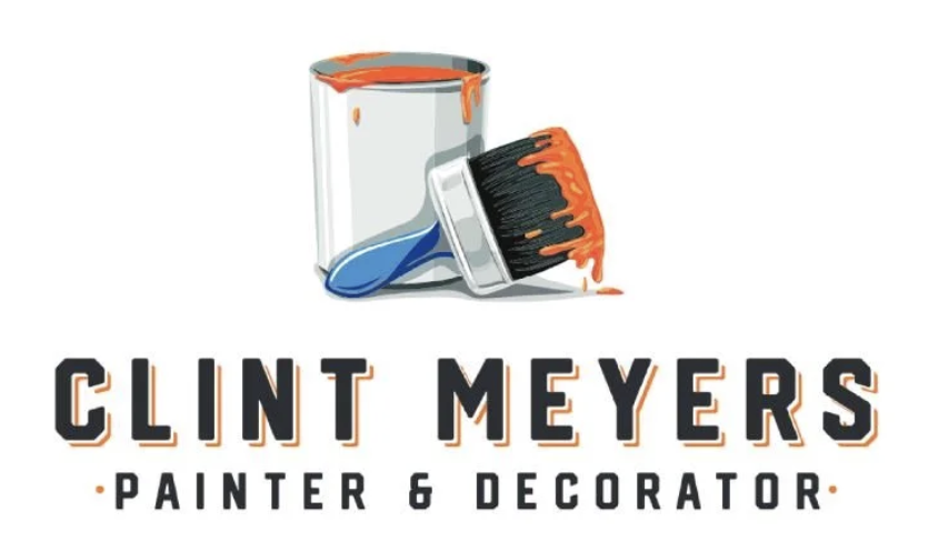 Logo for Clint Meyers Painter & Decorator, featuring a paint can and brush with orange paint