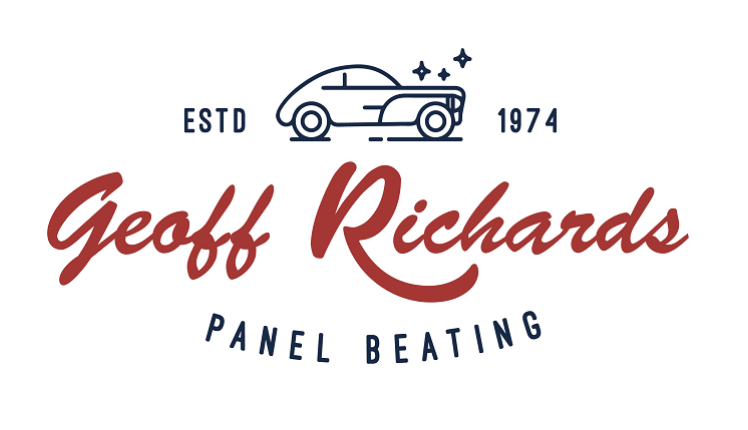 Logo for Geoff Richards Panel Beating, established in 1974, featuring a vintage car illustration with sparkles.