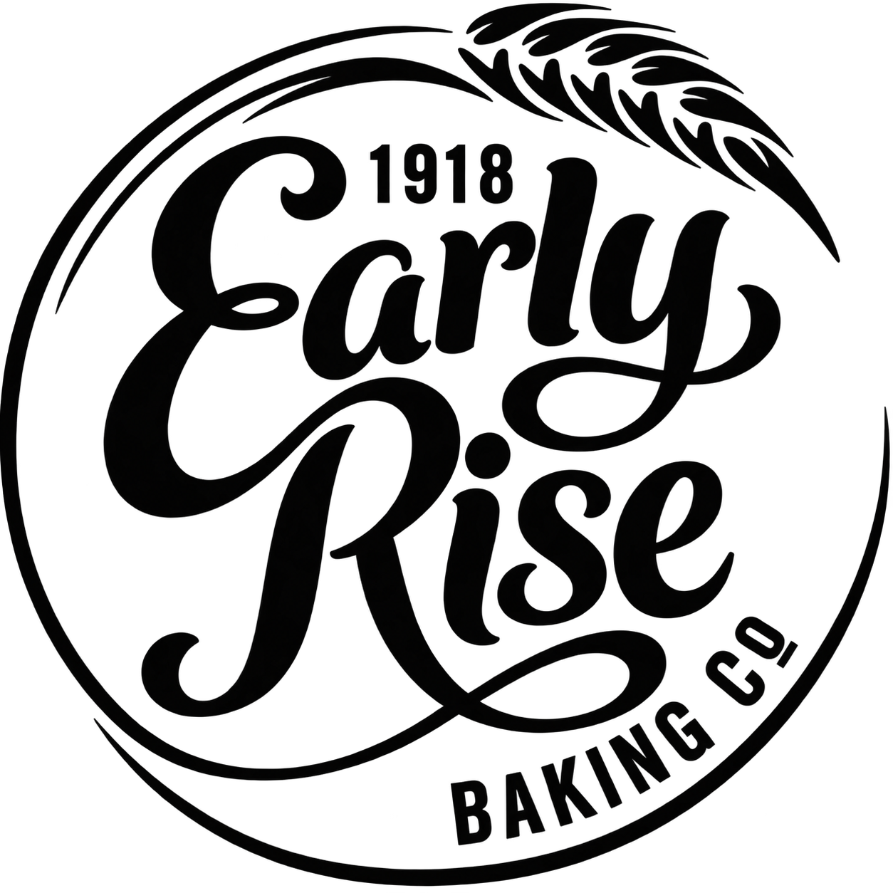A black circular logo with the text '1918 Early Rise Baking Co.' and a stylized wheat stalk on top.