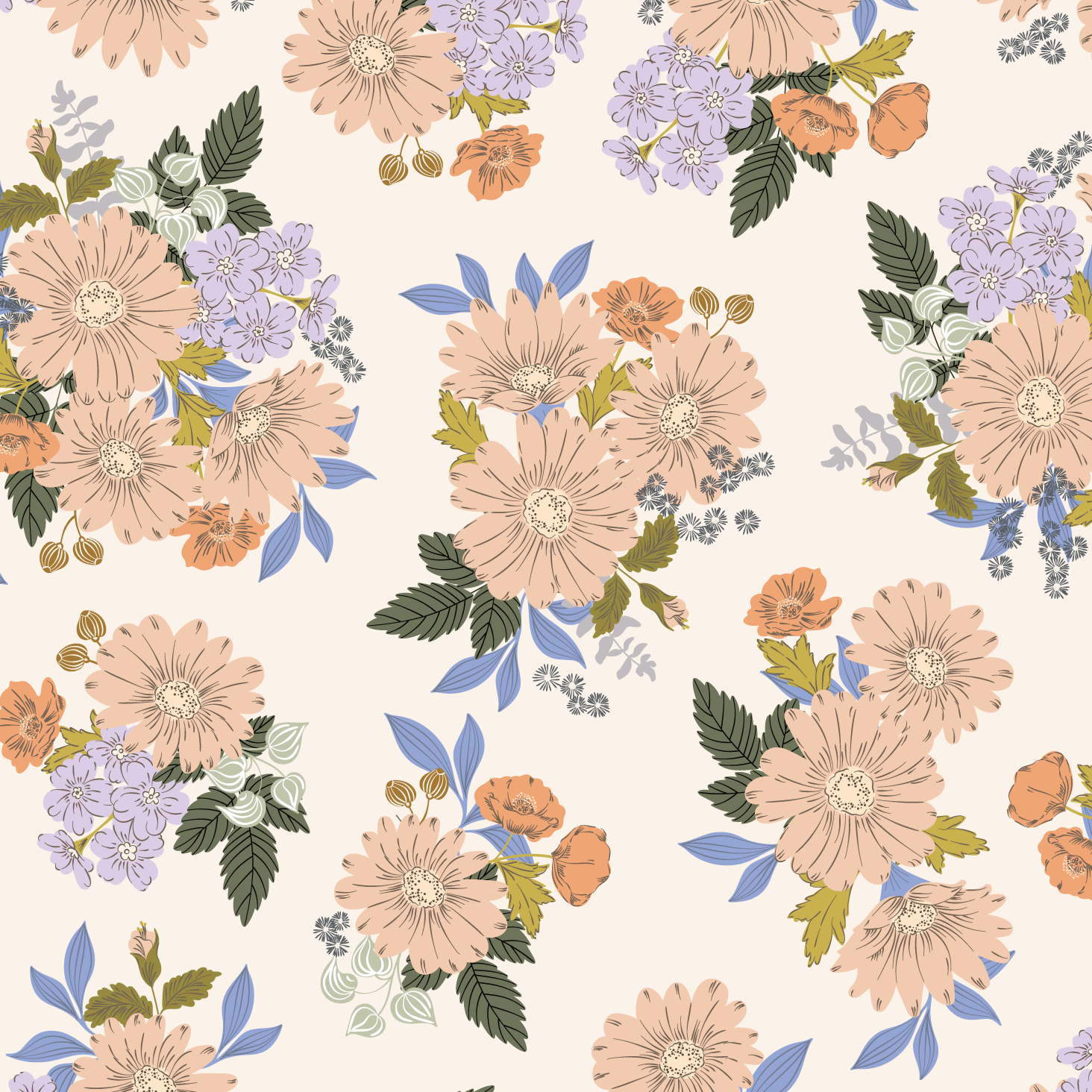 A floral pattern with peach, purple, and orange flowers, green and blue leaves, and small black and white accents on a cream background.